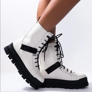 UGG Sheena white leather lace up combat boots platform chunky heel black sole